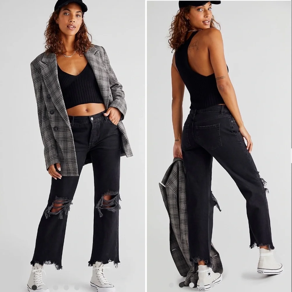 Free People Maggie Mid-rise Straight Distressed Jeans Washed Black Sz 31 NWT